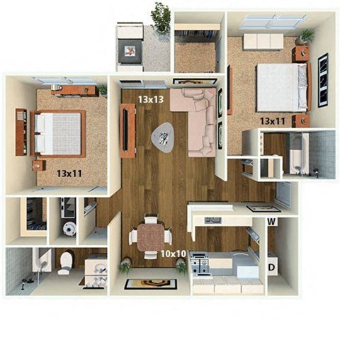 Floor plan for 2 beds, 2 baths, 935 sqft